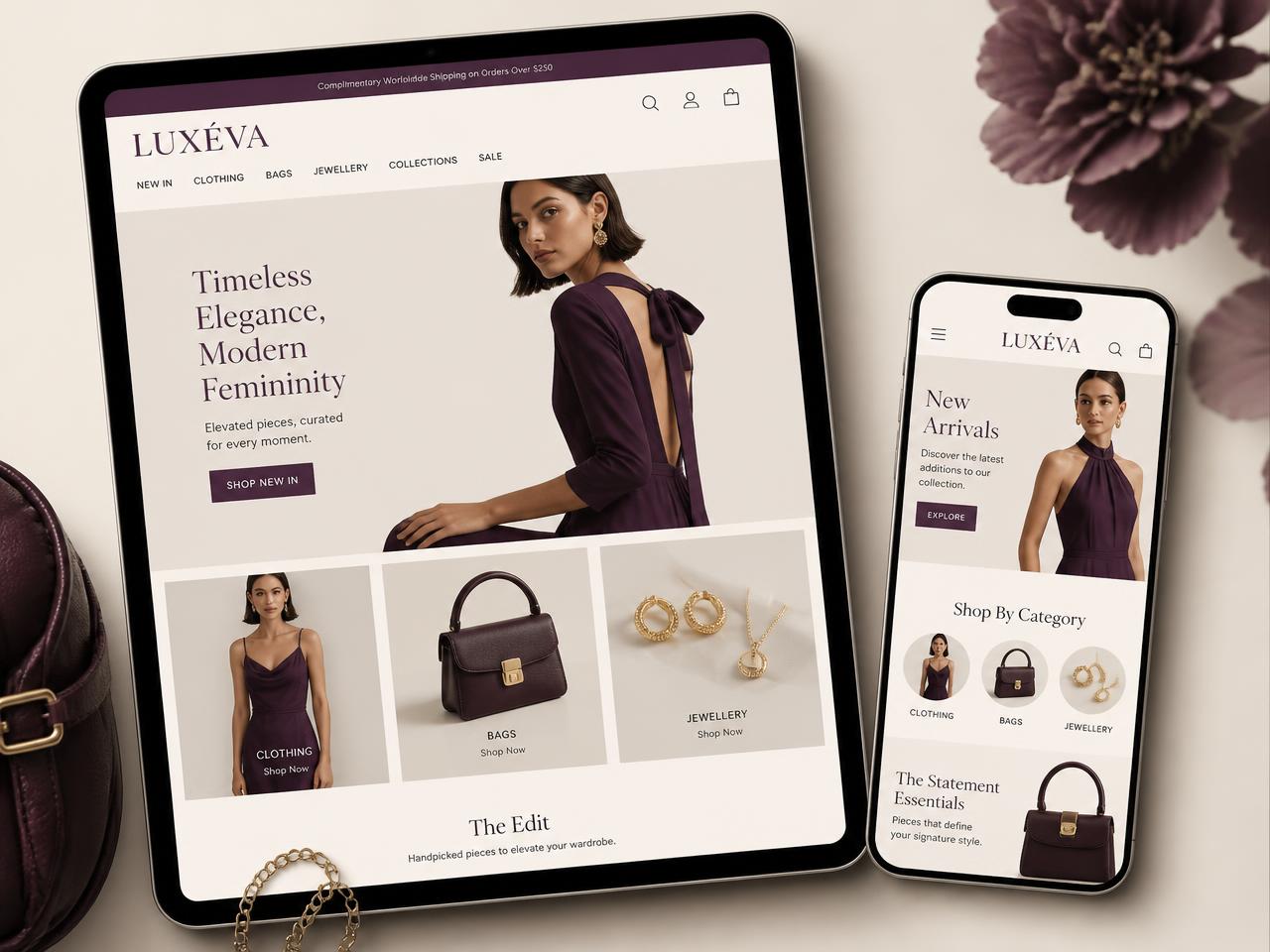 Auréle women's fashion and accessories store shown on a tablet and phone