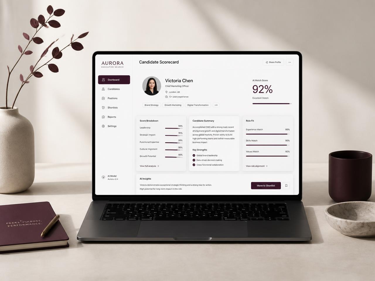 HireFlow AI recruitment dashboard with candidate scoring shown on a laptop